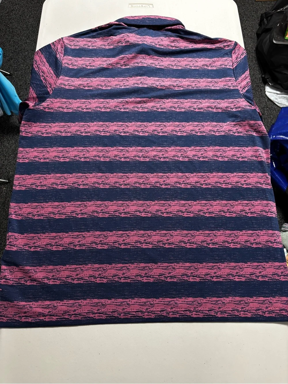 adidas Men's Pink and Navy Striped TPC Boston Golf Polo
